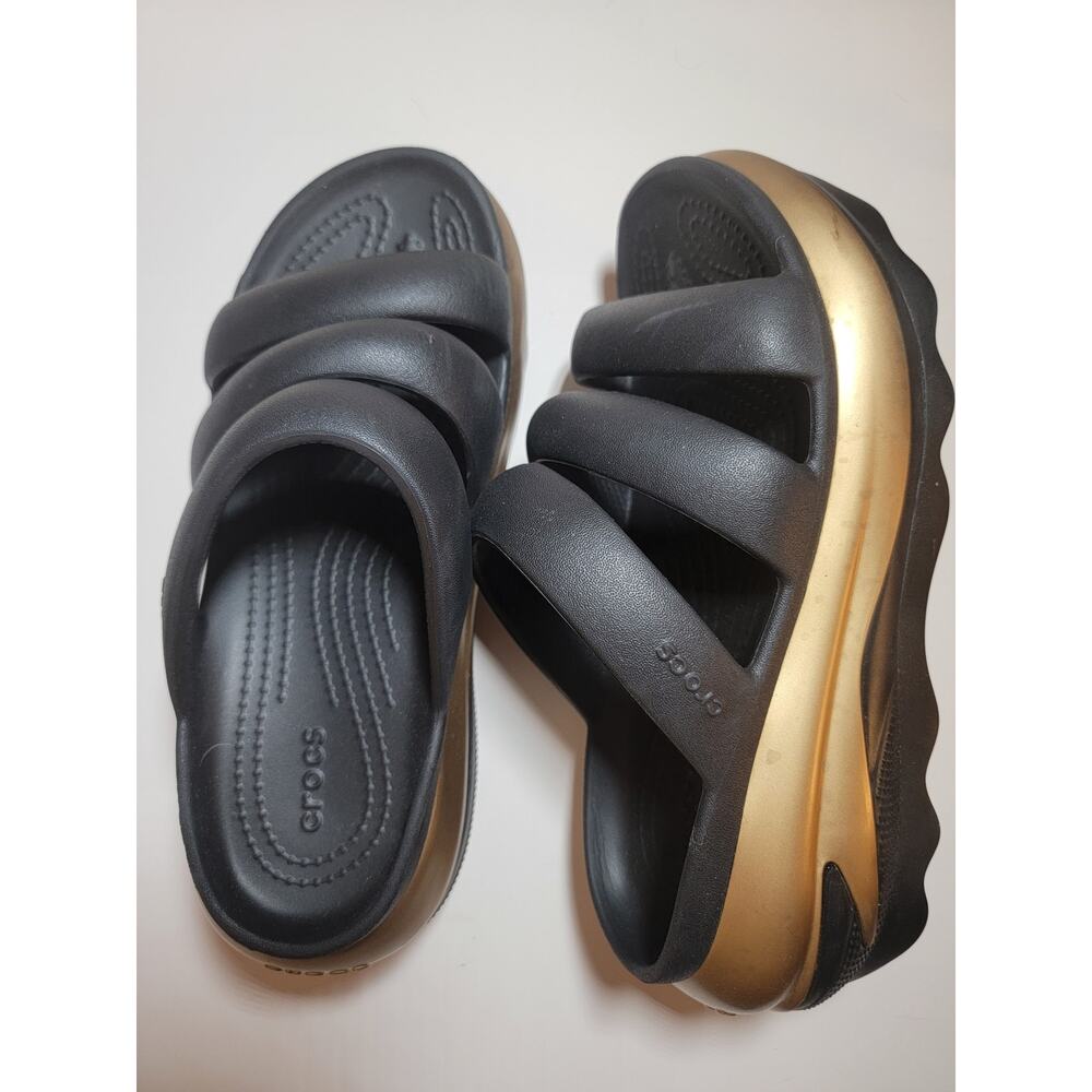 Crocs Mega Crush Sz 8 Triple Strap Black Metallic Gold Sandal Slide Platform